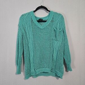 Lumiere Womens Teal Open Cable Knit V-Cut Sweater Size XS Boho Beachy Slouchy